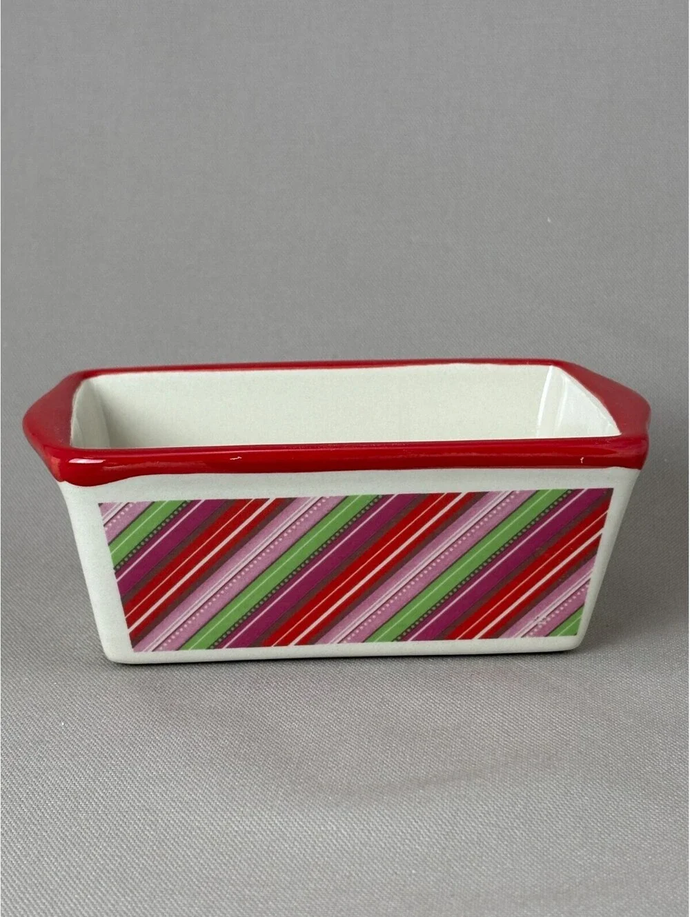 Nantucket Ceramic Mini Loaf Pan Red Green Striped 6 Inch Holiday Baking Dish
